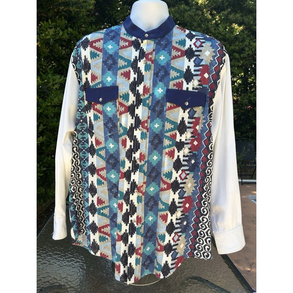 VTG Roughrider Circle T Western Shirt Mens Large Aztec Southwestern Colorful